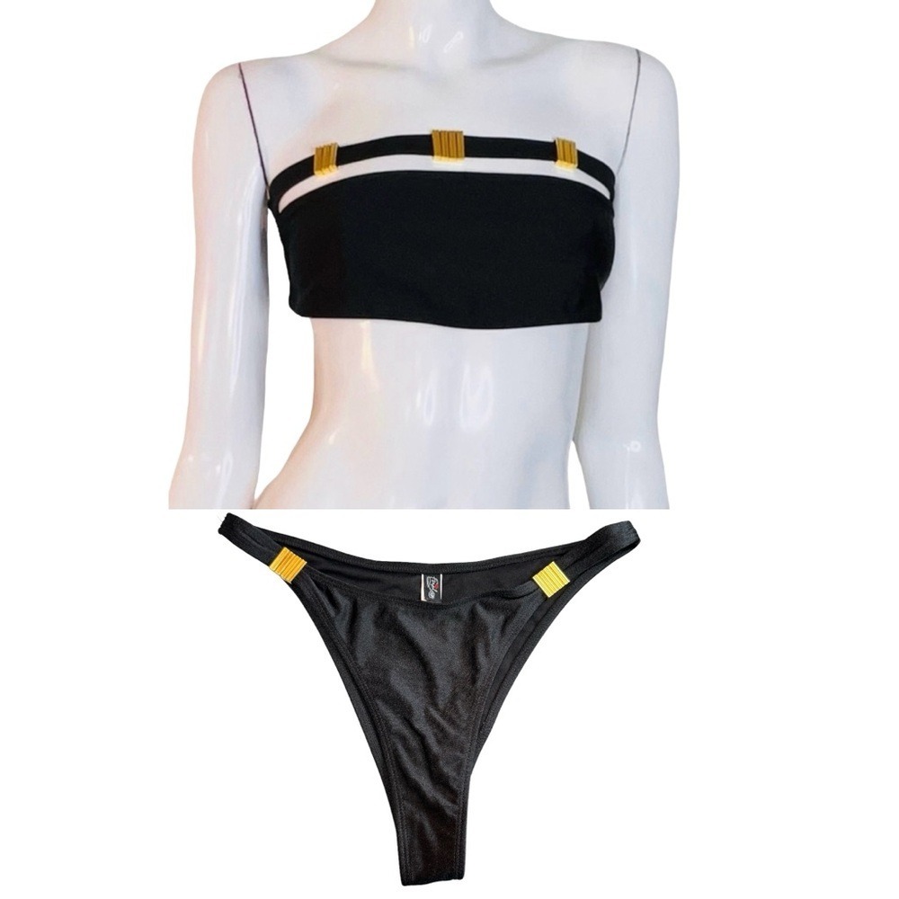 Forplay 2 Piece Bandau Black with Gold Hardware Bikini Swimsuit